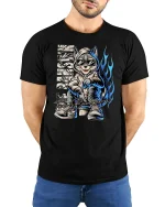 Streetwear Raccoon Hoodie T-Shirt - model with hands behind back, wearing Black T-shirt and blue jeans