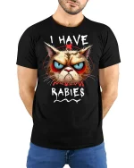 Funny Angry Cat I Have Rabies T-Shirt - model with hands behind back, wearing Black T-shirt and blue jeans