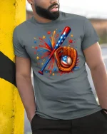 Patriotic Baseball Bat Glove Tee - model leaning on yellow-black pole, wearing Gray T-shirt, hand in pocket