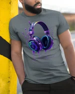Neon Headphones Music T-Shirt - model leaning on yellow-black pole, wearing Gray T-shirt, hand in pocket