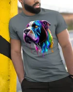 Rainbow Drip Dog Art Tee - model leaning on yellow-black pole, wearing Gray T-shirt, hand in pocket