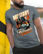 Military Kitsune Warrior Fox T-Shirt - model leaning on yellow-black pole, wearing Gray T-shirt, hand in pocket