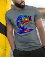 Neon Splash Bass Fish T-Shirt - model leaning on yellow-black pole, wearing Gray T-shirt, hand in pocket