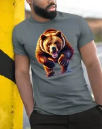 Fierce Grizzly Bear Tee - model leaning on yellow-black pole, wearing Gray T-shirt, hand in pocket