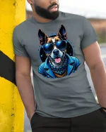 Cool Dog Sunglasses Biker T-Shirt - model leaning on yellow-black pole, wearing Gray T-shirt, hand in pocket