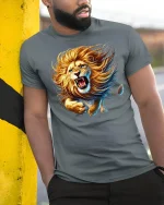 Roaring Lion Wild Power T-Shirt - model leaning on yellow-black pole, wearing Gray T-shirt, hand in pocket