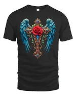 Angel Wings Cross and Rose Tee - black t-shirt on white background