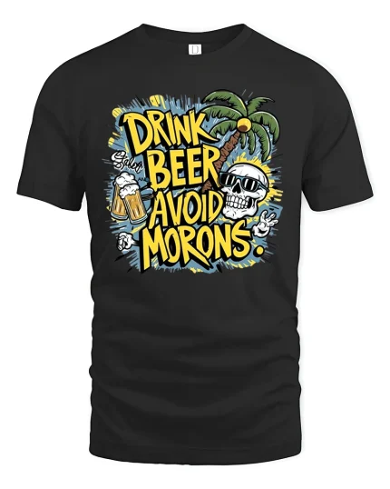 Funny Drink Beer Avoid Morons Tee - black t-shirt on white background