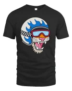 Cool Cat Biker Helmet Cartoon T-Shirt - black t-shirt on white background