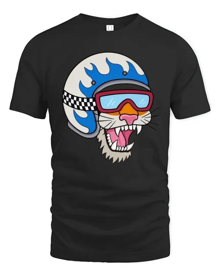 Cool Cat Biker Helmet Cartoon T-Shirt - black t-shirt on white background