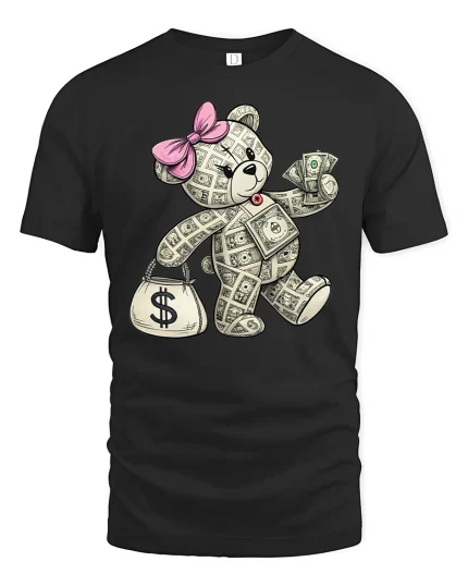 Funny Money Teddy Bear Tee - black t-shirt on white background