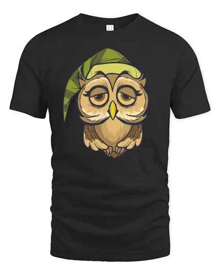 Sleepy Owl Cartoon Tee - black t-shirt on white background