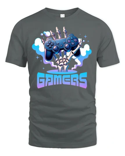 Gamer Skeleton Controller Tee - gray t-shirt on white background