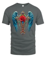 Angel Wings Cross and Rose Tee - gray t-shirt on white background
