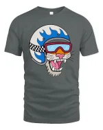 Cool Cat Biker Helmet Cartoon T-Shirt - gray t-shirt on white background