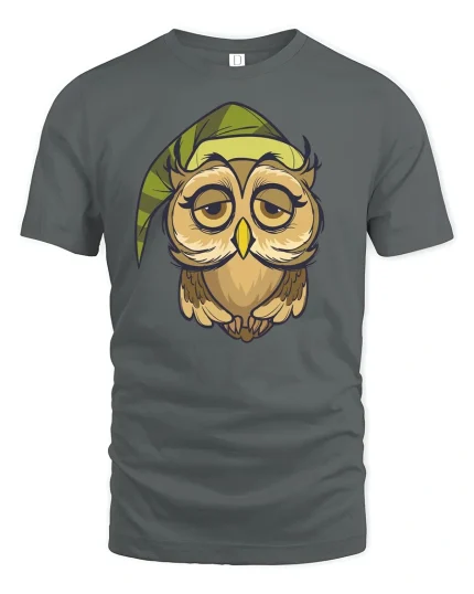 Sleepy Owl Cartoon Tee - gray t-shirt on white background