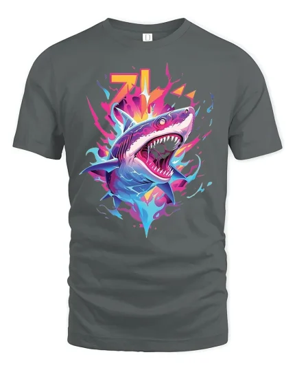 Neon Shark Attack Tee - gray t-shirt on white background