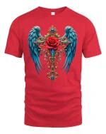 Angel Wings Cross and Rose Tee - red t-shirt on white background