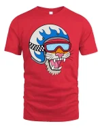 Cool Cat Biker Helmet Cartoon T-Shirt - red t-shirt on white background