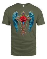 Angel Wings Cross and Rose Tee - military green t-shirt on white background