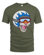 Cool Cat Biker Helmet Cartoon T-Shirt - military green t-shirt on white background