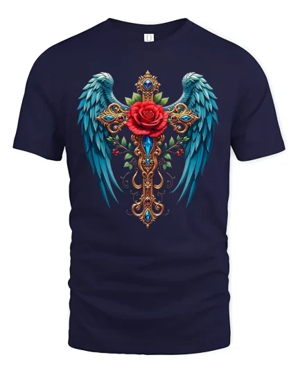 Angel Wings Cross and Rose Tee - navy t-shirt on white background