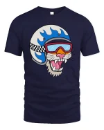 Cool Cat Biker Helmet Cartoon T-Shirt - navy t-shirt on white background