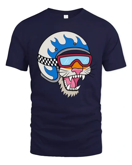 Cool Cat Biker Helmet Cartoon T-Shirt - navy t-shirt on white background