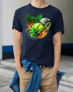 American Eagle Softball Fire Tee - model wearing Navy T-shirt, hands in pockets, denim shirt at waist