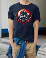 Fierce Wolf Red Moon Tee - model wearing Navy T-shirt, hands in pockets, denim shirt at waist
