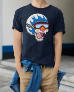 Cool Cat Biker Helmet Cartoon T-Shirt - model wearing Navy T-shirt, hands in pockets, denim shirt at waist