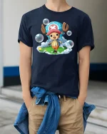 Cute Anime Reindeer Tee - model wearing Navy T-shirt, hands in pockets, denim shirt at waist