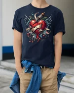 Broken Heart Dagger Tee - model wearing Navy T-shirt, hands in pockets, denim shirt at waist