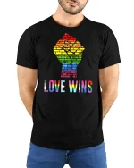 Love Wins Rainbow T-Shirt - model with hands behind back, wearing Black T-shirt and blue jeans