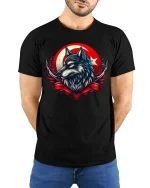 Fierce Wolf Red Moon Tee - model with hands behind back, wearing Black T-shirt and blue jeans