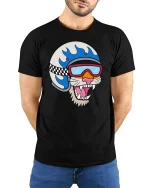 Cool Cat Biker Helmet Cartoon T-Shirt - model with hands behind back, wearing Black T-shirt and blue jeans