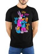 Retro Hip Hop Cartoon Tee - model with hands behind back, wearing Black T-shirt and blue jeans
