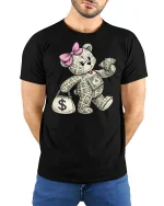 Funny Money Teddy Bear Tee - model with hands behind back, wearing Black T-shirt and blue jeans