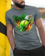 American Eagle Softball Fire Tee - model leaning on yellow-black pole, wearing Gray T-shirt, hand in pocket