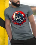Fierce Wolf Red Moon Tee - model leaning on yellow-black pole, wearing Gray T-shirt, hand in pocket