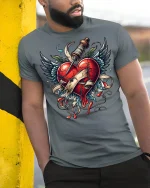 Broken Heart Dagger Tee - model leaning on yellow-black pole, wearing Gray T-shirt, hand in pocket