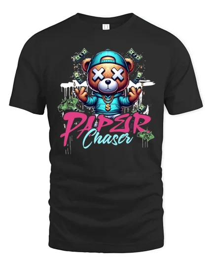 Paper Chaser Bear Hip Hop Tee - black t-shirt on white background