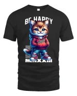 Be Happy Cool Cat Tee - black t-shirt on white background