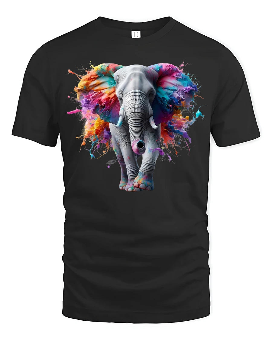 Vibrant Elephant Splash Art Tee - 1 Vibrant Elephant Splash Art Tee - black t-shirt on white background
