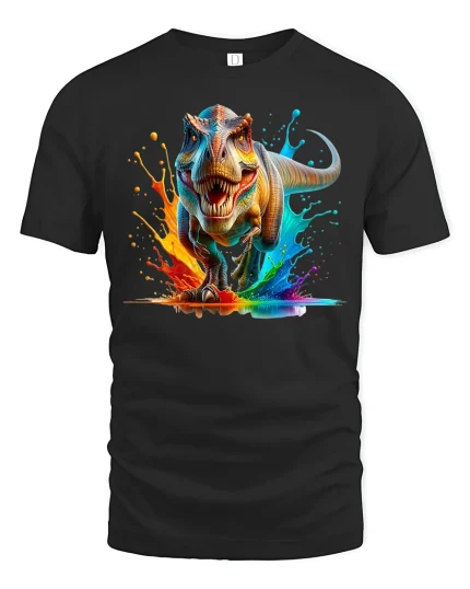 Rainbow Splash T-Rex Dinosaur T-Shirt - black t-shirt on white background