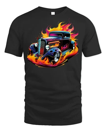 Hot Rod Flame Classic Car T-Shirt - black t-shirt on white background