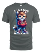 Be Happy Cool Cat Tee - gray t-shirt on white background