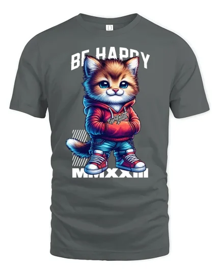 Be Happy Cool Cat Tee - gray t-shirt on white background