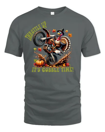 Throttle Up Turkey Motorcycle Tee Gobble Time - gray t-shirt on white background