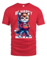 Be Happy Cool Cat Tee - red t-shirt on white background